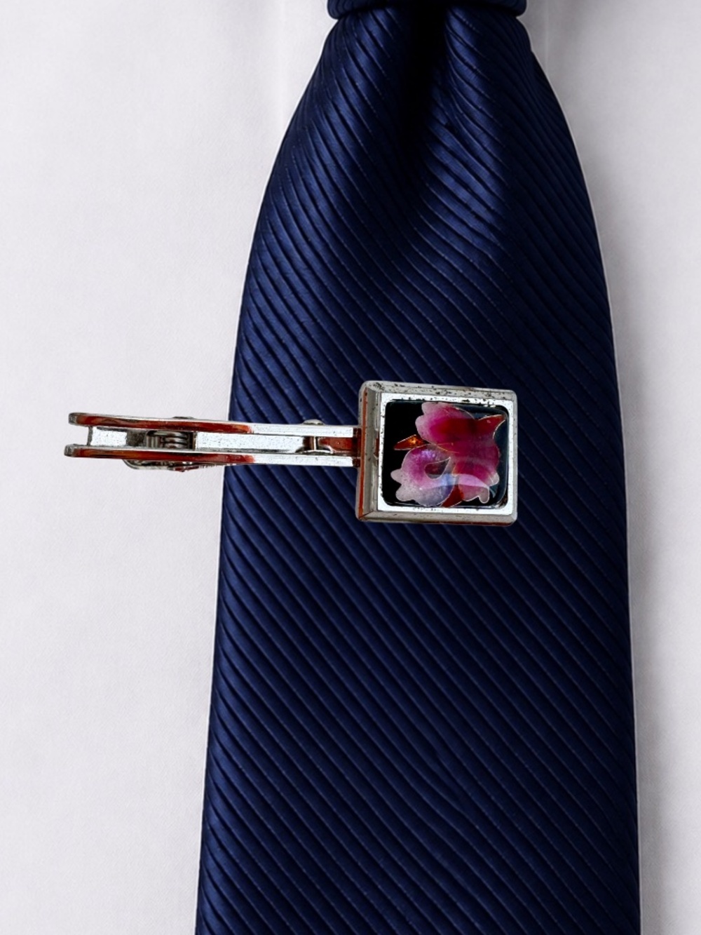 Vintage Japanese Cloisonne Tie Clip Pink White Floral Enamel Silver Tone Bar 2in